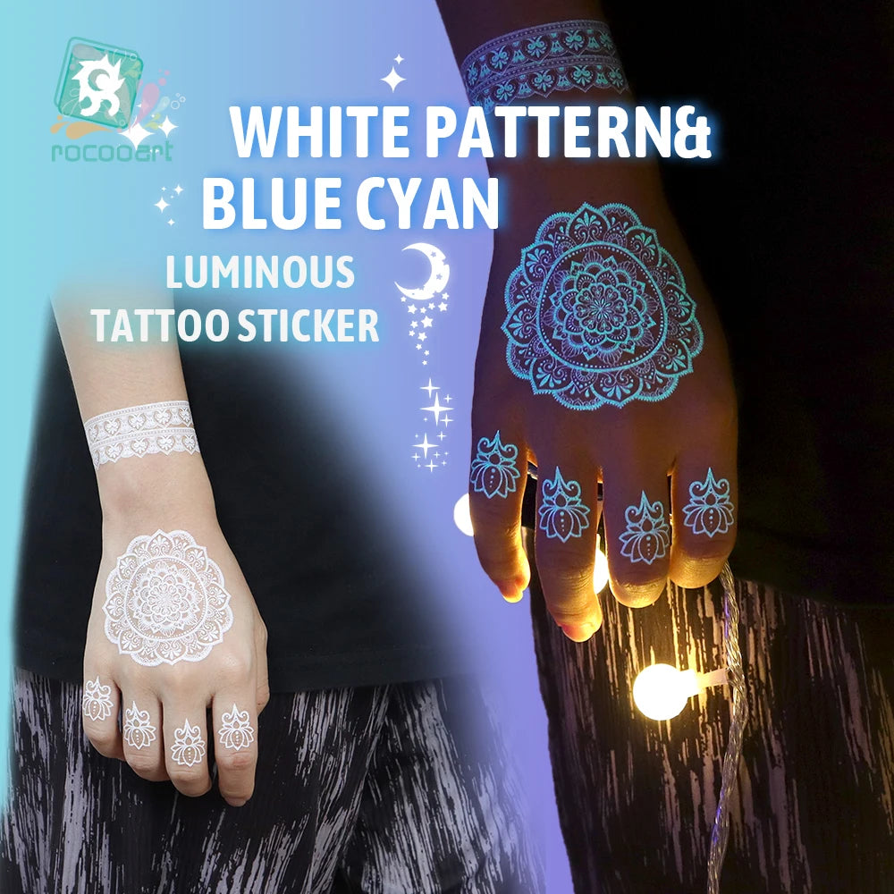 Sexy Tribal Lace Lotus Glow In The Dark Fake Tattoo,Blue Luminous Mandala Flower Temporary Henna Tattoos For Women Girls Hands