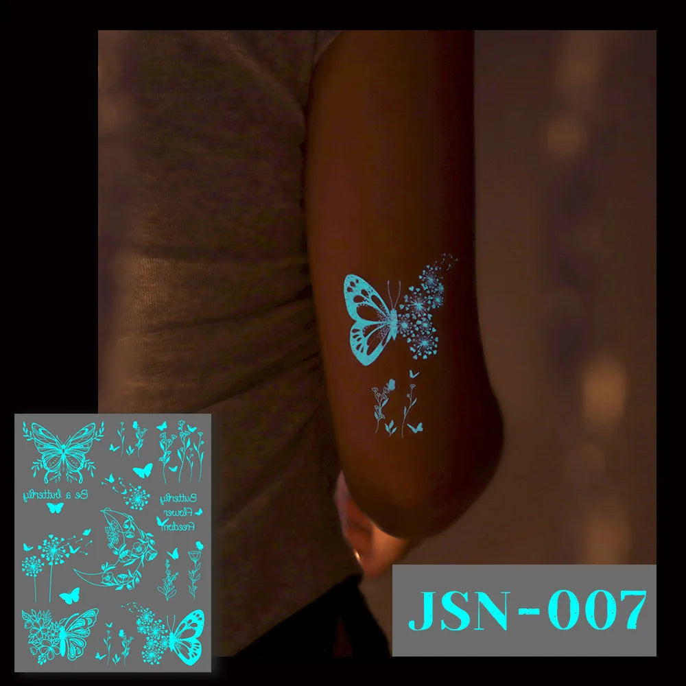 Sexy Tribal Lace Lotus Glow In The Dark Fake Tattoo,Blue Luminous Mandala Flower Temporary Henna Tattoos For Women Girls Hands