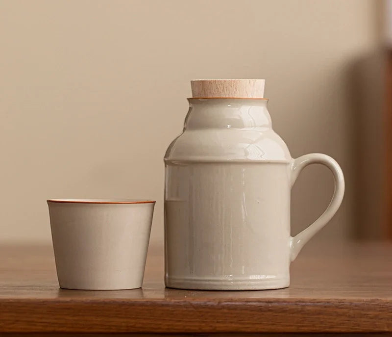 Ceramic Mugs with Cork Stopper Thermoses Handgrip Water Bottle Large Capacity Insulated Cup for Hot Tea Coffee Classic Drinkware