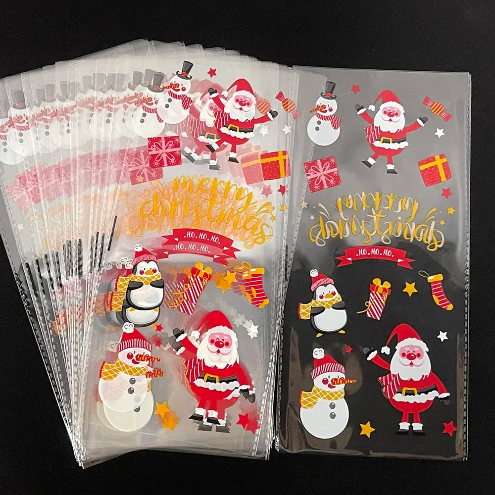 50pcs Christmas Transparent Plastic Gift Bag Candy Biscuit Cookie Snacks Baking Bag New Year Merry Christmas Party Decoration