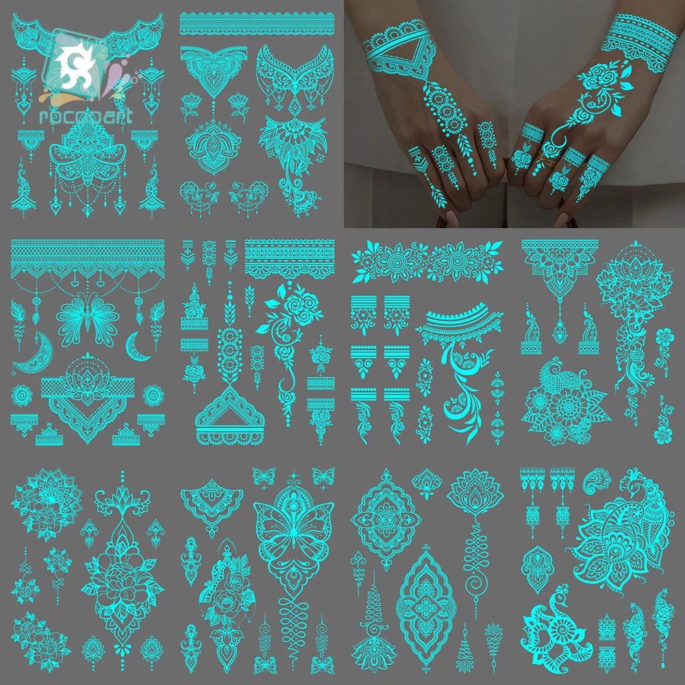 Sexy Tribal Lace Lotus Glow In The Dark Fake Tattoo,Blue Luminous Mandala Flower Temporary Henna Tattoos For Women Girls Hands