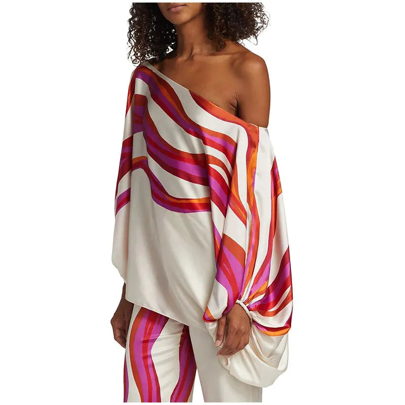 Women Satin Print Pajamas Suit Fashion Hollow Off Shoulder Tops with Long Pants 2 Piece Sets Homewear Commuting Outfits