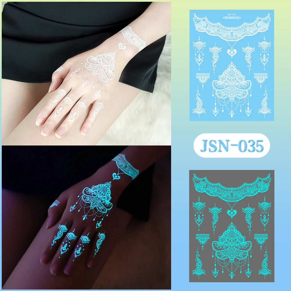 Sexy Tribal Lace Lotus Glow In The Dark Fake Tattoo,Blue Luminous Mandala Flower Temporary Henna Tattoos For Women Girls Hands