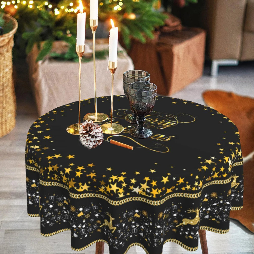 Christmas Tablecloth Black Merry Christmas Round Table Cloth Christmas Elk and Presents Table Cover Fabric Home Decoration Gift