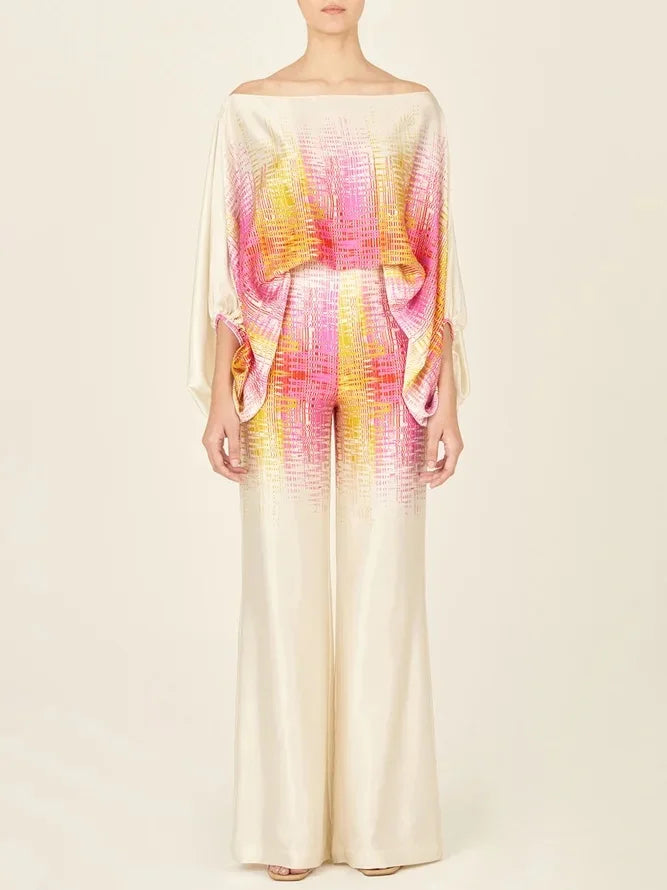 Women Satin Print Pajamas Suit Fashion Hollow Off Shoulder Tops with Long Pants 2 Piece Sets Homewear Commuting Outfits