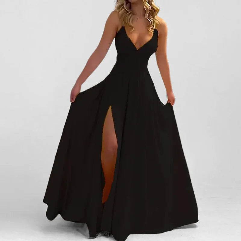 Women's Fashion Solid Color Suspender Sexy Slim Fit Split Cut Black Fungus Edge Dress 2025 Summer