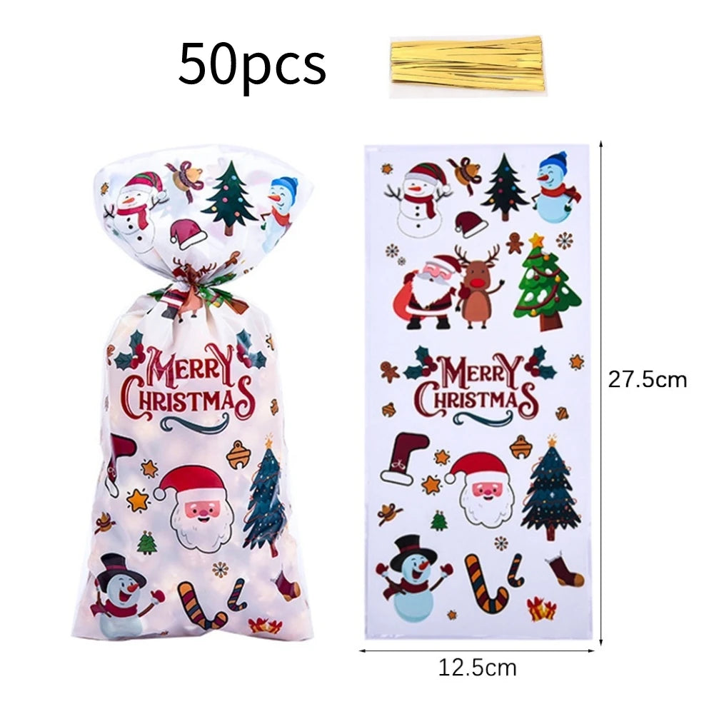 50pcs Christmas Transparent Plastic Gift Bag Candy Biscuit Cookie Snacks Baking Bag New Year Merry Christmas Party Decoration