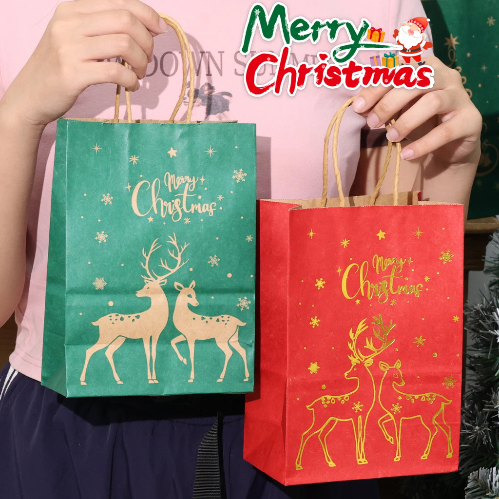 1-24PCS 21X15X8CM Christmas Kraft Paper Handbag Xmas Tree Elk Pattern Gift Candy Cookie Packaging Bags New Year Packing Portable Tote Bags
