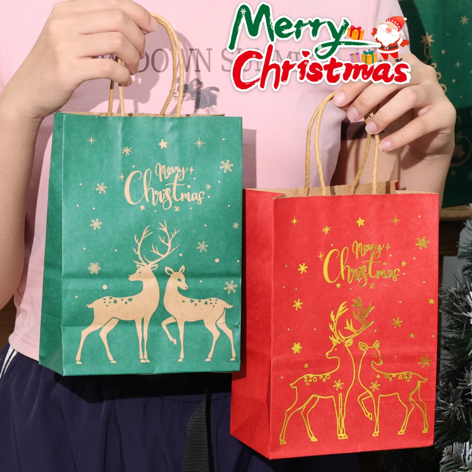 1-24PCS 21X15X8CM Christmas Kraft Paper Handbag Xmas Tree Elk Pattern Gift Candy Cookie Packaging Bags New Year Packing Portable Tote Bags
