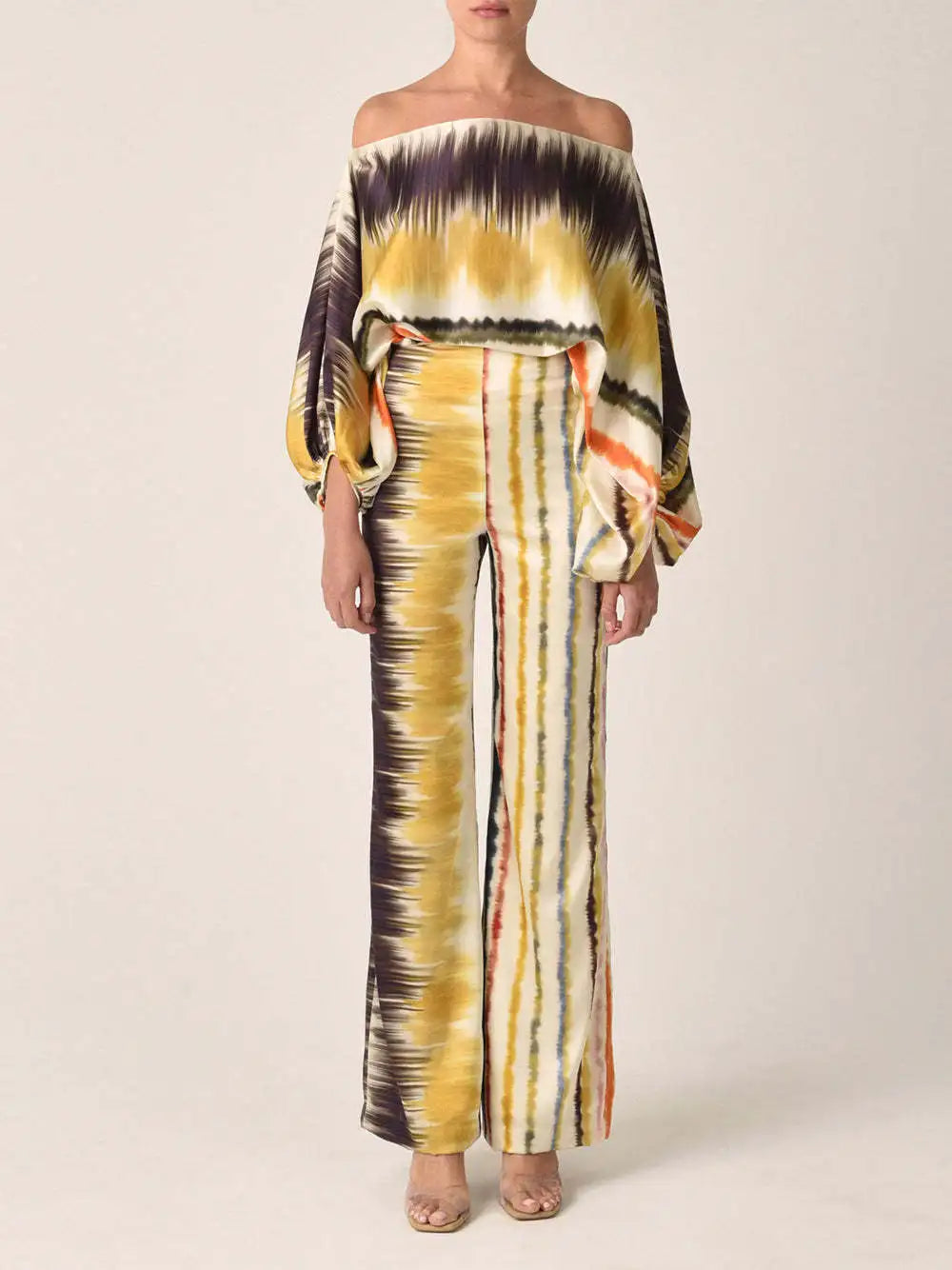 Women Satin Print Pajamas Suit Fashion Hollow Off Shoulder Tops with Long Pants 2 Piece Sets Homewear Commuting Outfits