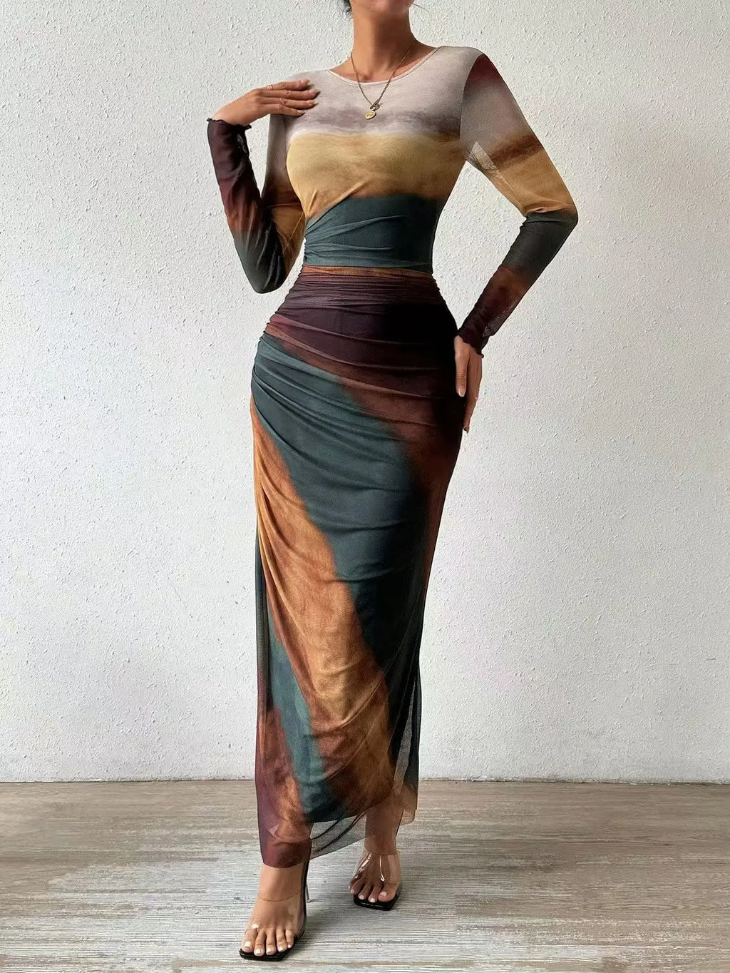 Tie-Dye High Waist Dresses Woman Mesh Print and Pleats Sexy Tight Fitting Slit Round Neck Dress Casual Long Sleeves Streetwear