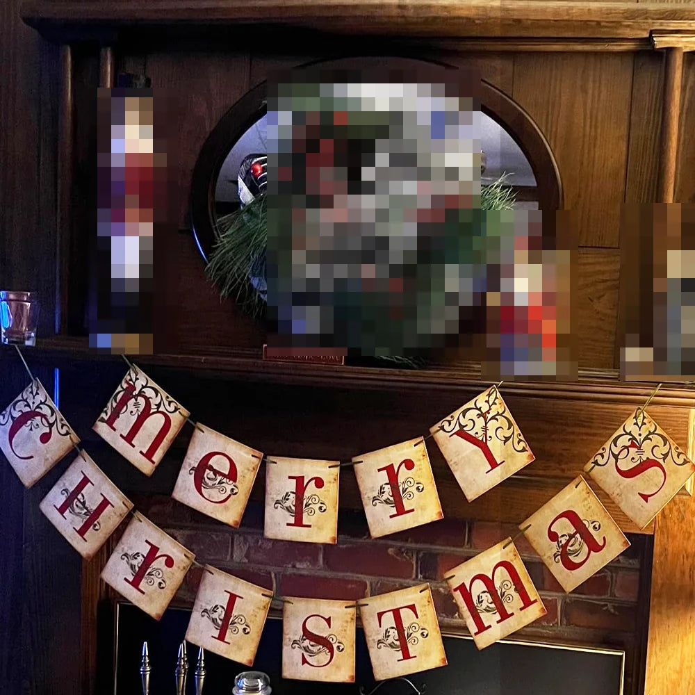 Merry Christmas Banner Christmas Decoration Retro Nostalgic Traditional Xmas Hanging Decor Merry Christmas Sign Fireplace Wall