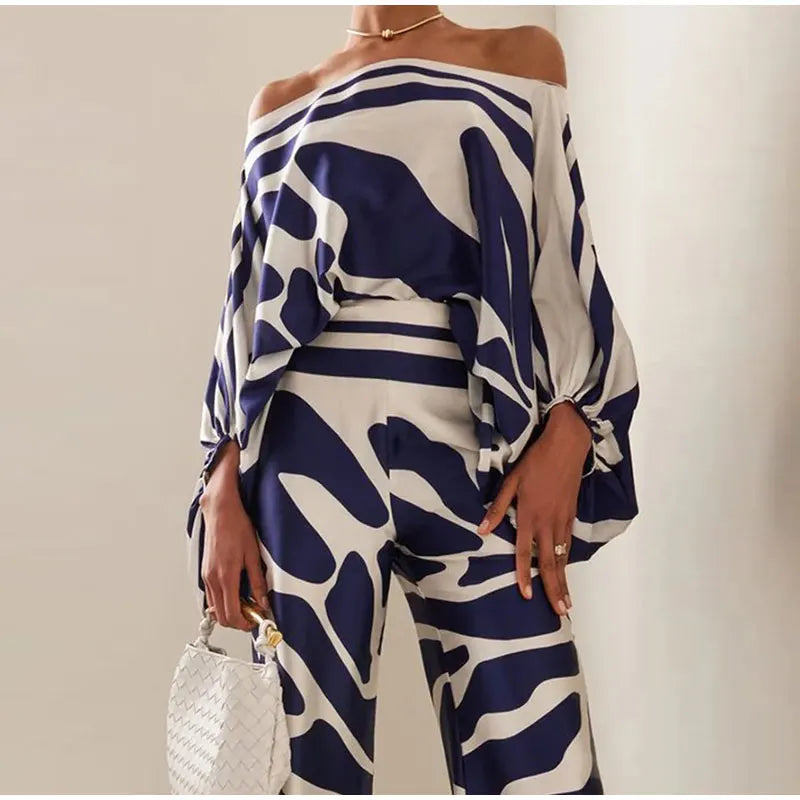 Women Satin Print Pajamas Suit Fashion Hollow Off Shoulder Tops with Long Pants 2 Piece Sets Homewear Commuting Outfits