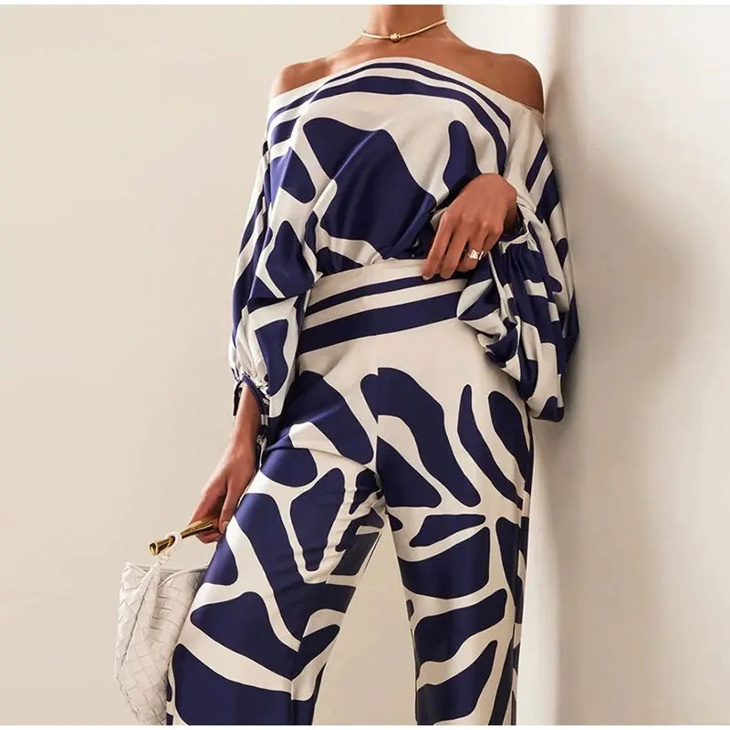 Women Satin Print Pajamas Suit Fashion Hollow Off Shoulder Tops with Long Pants 2 Piece Sets Homewear Commuting Outfits