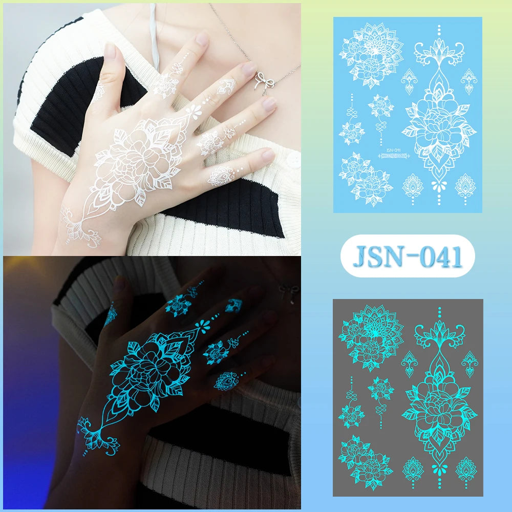 Sexy Tribal Lace Lotus Glow In The Dark Fake Tattoo,Blue Luminous Mandala Flower Temporary Henna Tattoos For Women Girls Hands