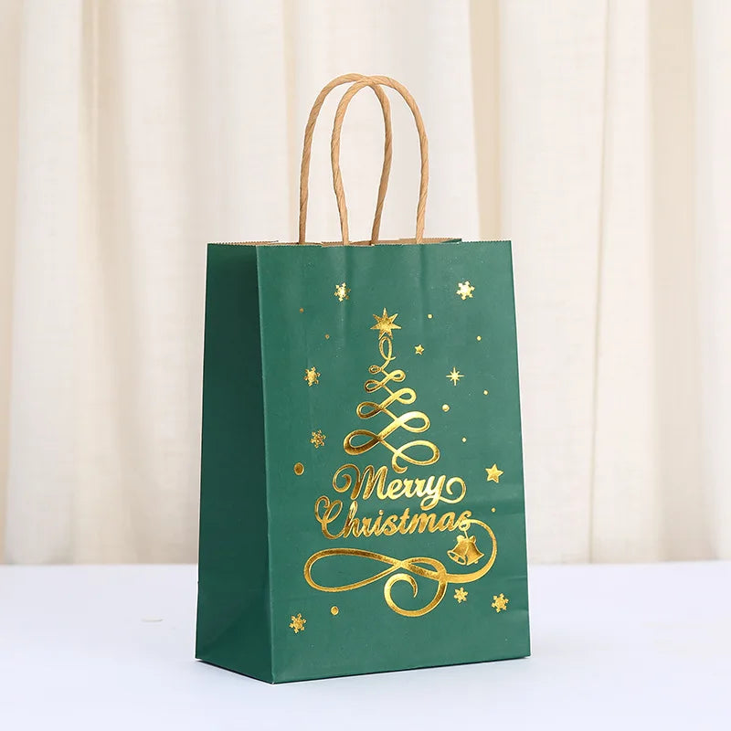 1-24PCS 21X15X8CM Christmas Kraft Paper Handbag Xmas Tree Elk Pattern Gift Candy Cookie Packaging Bags New Year Packing Portable Tote Bags