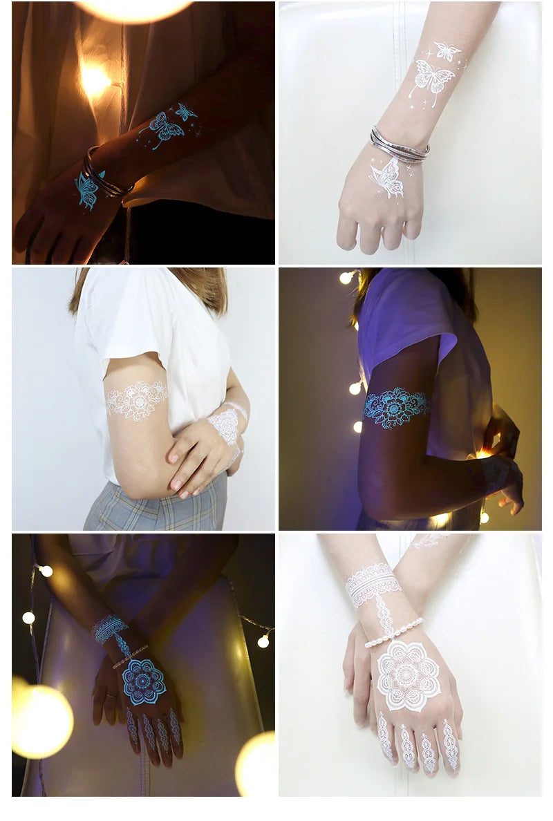 Sexy Tribal Lace Lotus Glow In The Dark Fake Tattoo,Blue Luminous Mandala Flower Temporary Henna Tattoos For Women Girls Hands