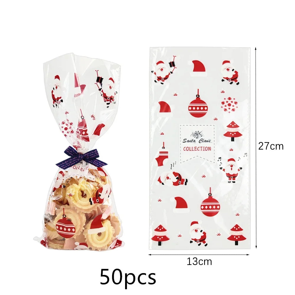 50pcs Christmas Transparent Plastic Gift Bag Candy Biscuit Cookie Snacks Baking Bag New Year Merry Christmas Party Decoration