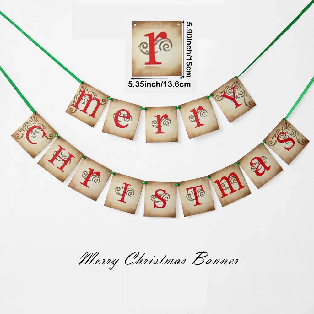 Merry Christmas Banner Christmas Decoration Retro Nostalgic Traditional Xmas Hanging Decor Merry Christmas Sign Fireplace Wall