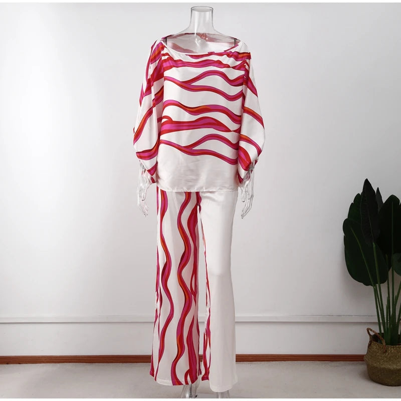 Women Satin Print Pajamas Suit Fashion Hollow Off Shoulder Tops with Long Pants 2 Piece Sets Homewear Commuting Outfits