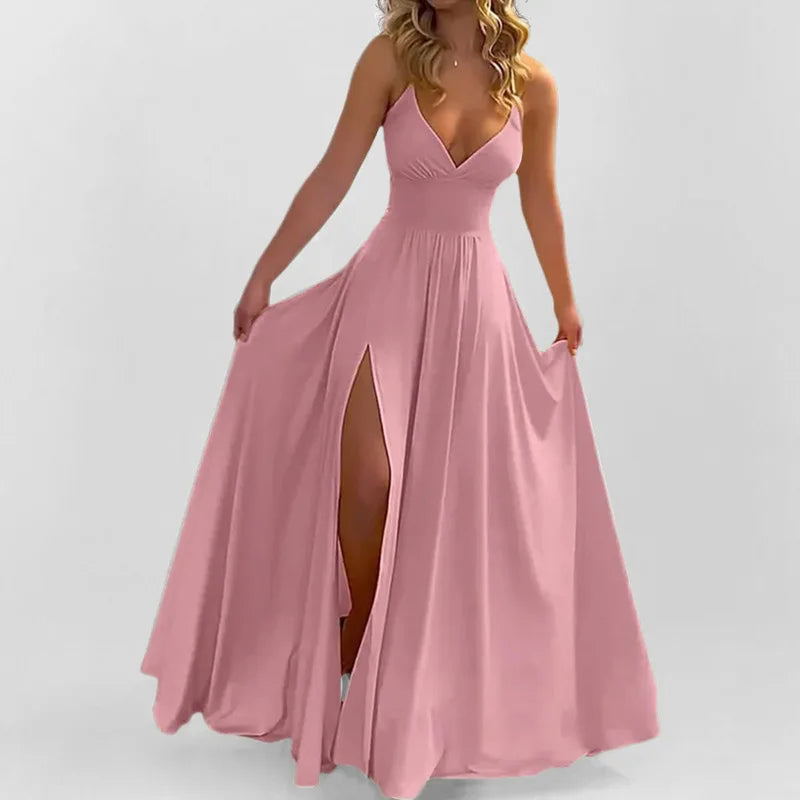 Women's Fashion Solid Color Suspender Sexy Slim Fit Split Cut Black Fungus Edge Dress 2025 Summer