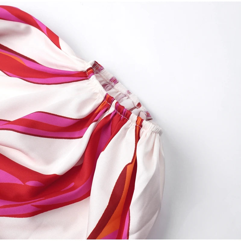 Women Satin Print Pajamas Suit Fashion Hollow Off Shoulder Tops with Long Pants 2 Piece Sets Homewear Commuting Outfits