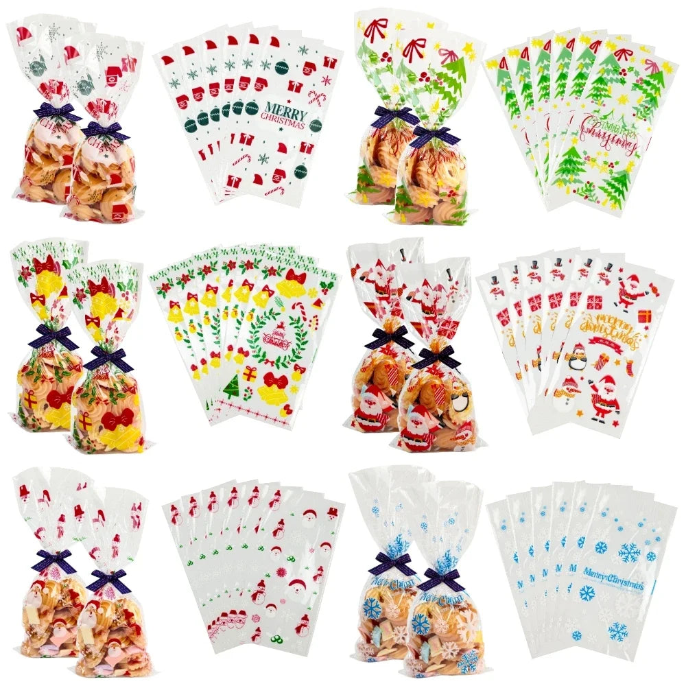 50pcs Christmas Transparent Plastic Gift Bag Candy Biscuit Cookie Snacks Baking Bag New Year Merry Christmas Party Decoration