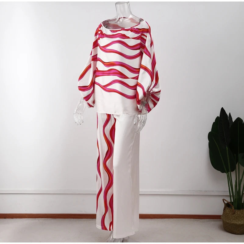 Women Satin Print Pajamas Suit Fashion Hollow Off Shoulder Tops with Long Pants 2 Piece Sets Homewear Commuting Outfits