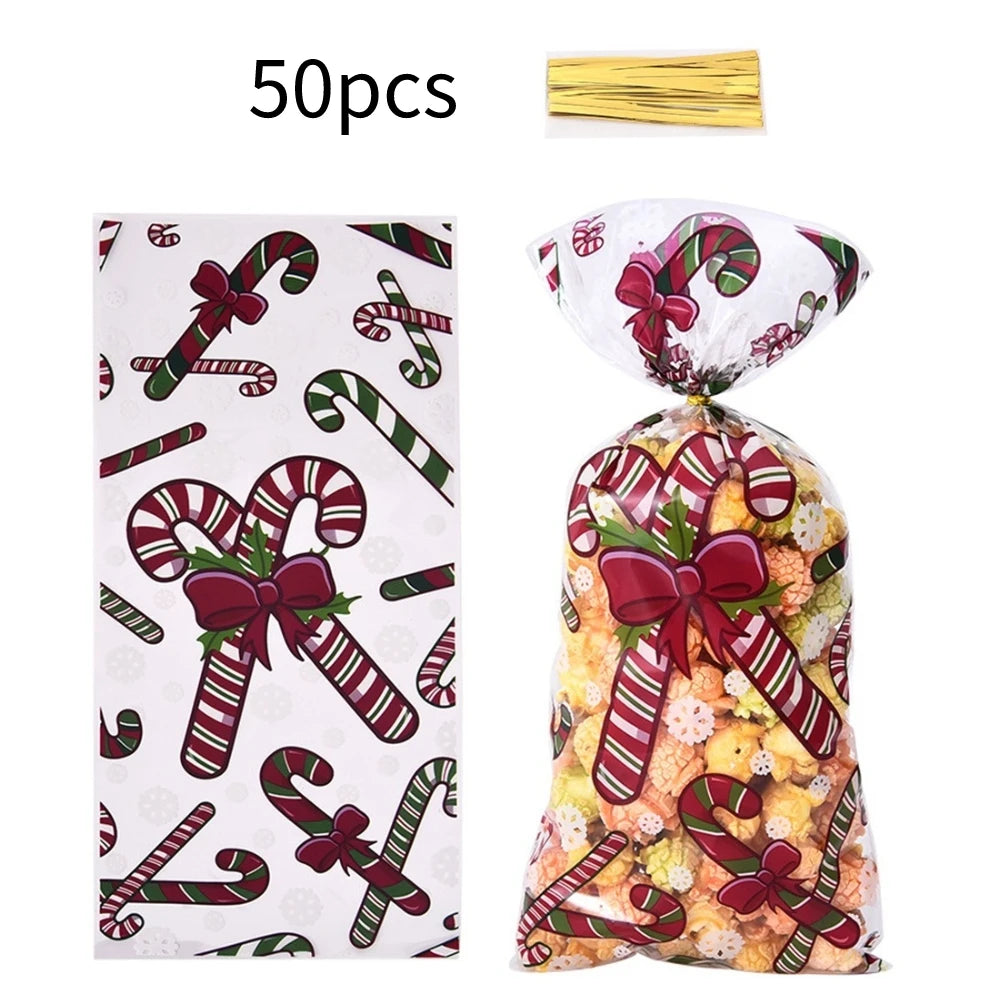 50pcs Christmas Transparent Plastic Gift Bag Candy Biscuit Cookie Snacks Baking Bag New Year Merry Christmas Party Decoration