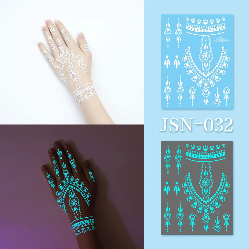 Sexy Tribal Lace Lotus Glow In The Dark Fake Tattoo,Blue Luminous Mandala Flower Temporary Henna Tattoos For Women Girls Hands