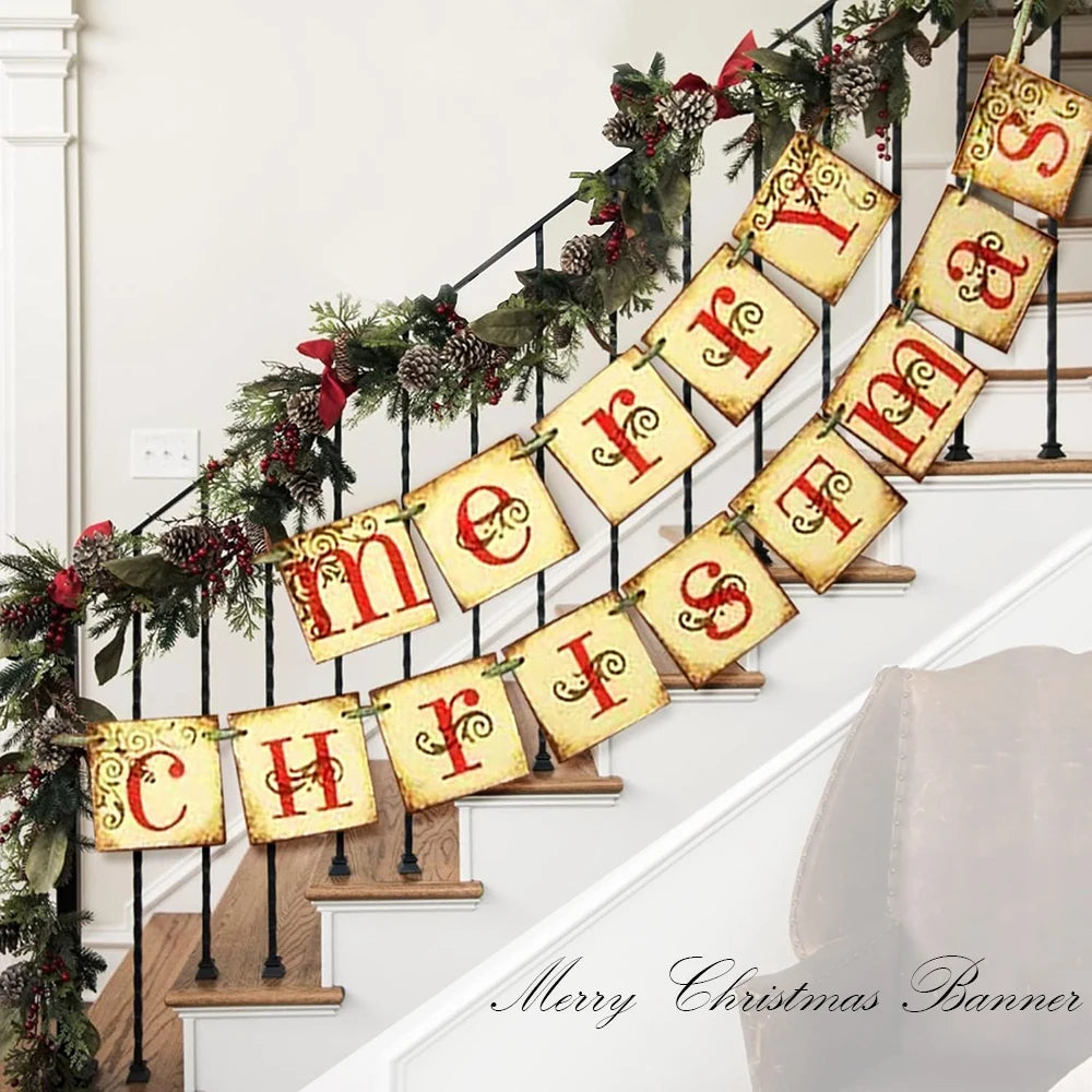 Merry Christmas Banner Christmas Decoration Retro Nostalgic Traditional Xmas Hanging Decor Merry Christmas Sign Fireplace Wall