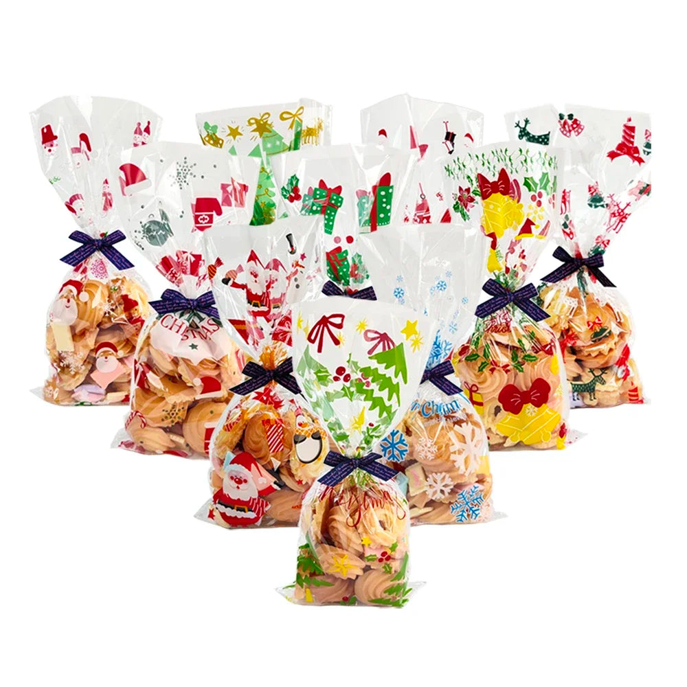 50pcs Christmas Transparent Plastic Gift Bag Candy Biscuit Cookie Snacks Baking Bag New Year Merry Christmas Party Decoration