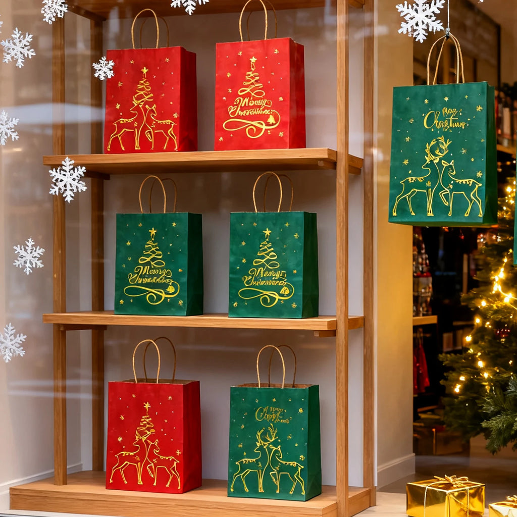 1-24PCS 21X15X8CM Christmas Kraft Paper Handbag Xmas Tree Elk Pattern Gift Candy Cookie Packaging Bags New Year Packing Portable Tote Bags