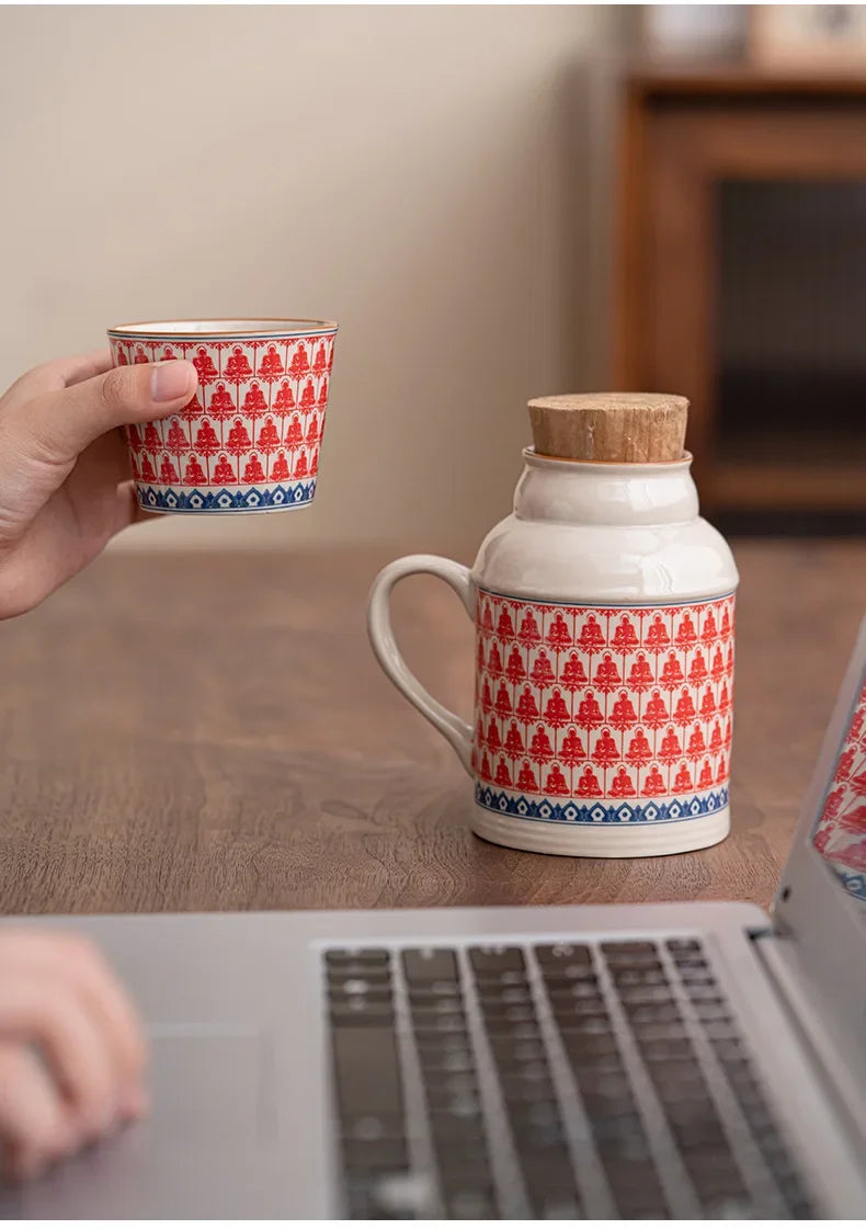 Ceramic Mugs with Cork Stopper Thermoses Handgrip Water Bottle Large Capacity Insulated Cup for Hot Tea Coffee Classic Drinkware