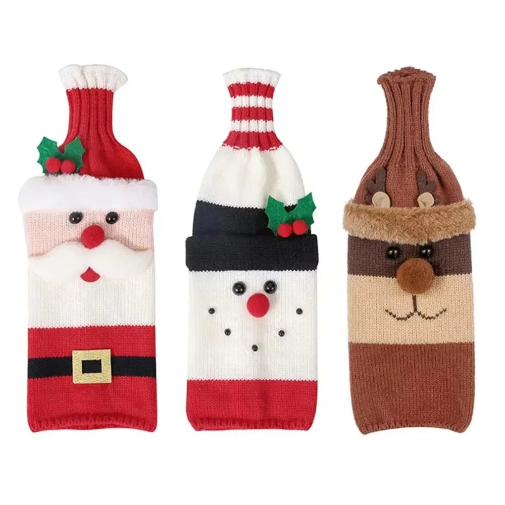 Christmas Wine Bottle Cover Set Santa Snowman Woven Wine Bottle Bags for Christmas Party Dinner Table Decorations New Year Gifts