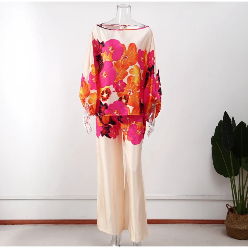 Women Satin Print Pajamas Suit Fashion Hollow Off Shoulder Tops with Long Pants 2 Piece Sets Homewear Commuting Outfits