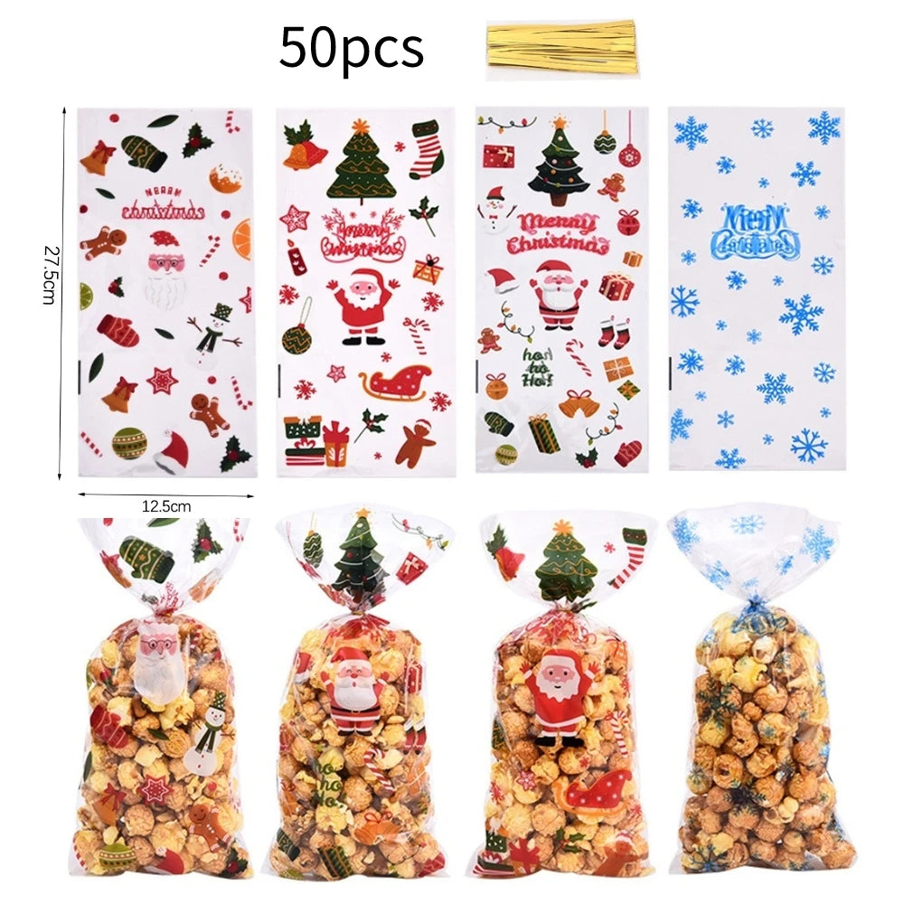 50pcs Christmas Transparent Plastic Gift Bag Candy Biscuit Cookie Snacks Baking Bag New Year Merry Christmas Party Decoration