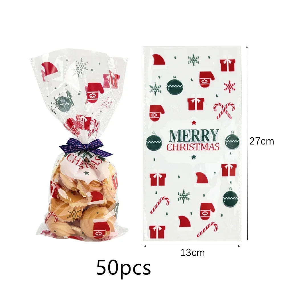 50pcs Christmas Transparent Plastic Gift Bag Candy Biscuit Cookie Snacks Baking Bag New Year Merry Christmas Party Decoration