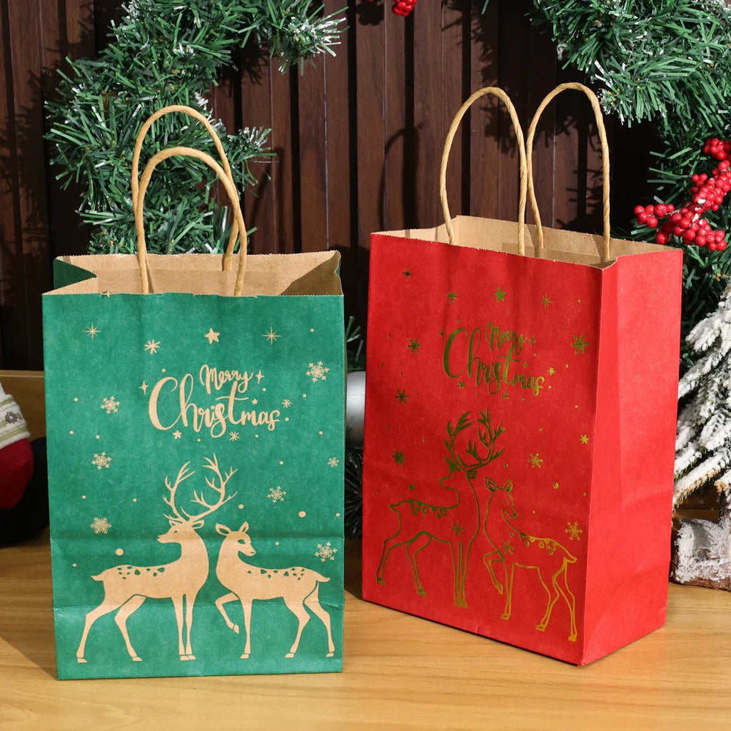 1-24PCS 21X15X8CM Christmas Kraft Paper Handbag Xmas Tree Elk Pattern Gift Candy Cookie Packaging Bags New Year Packing Portable Tote Bags