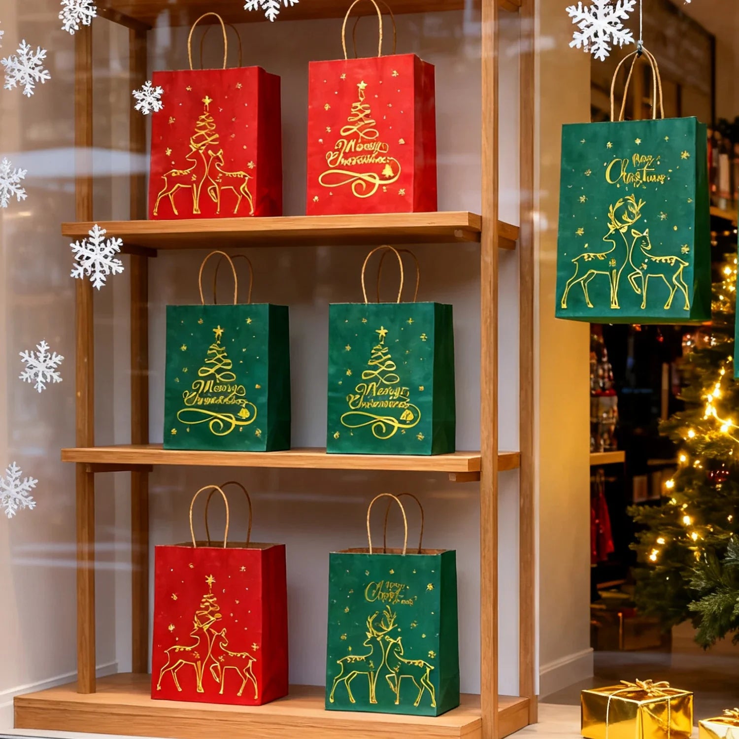 1-24PCS 21X15X8CM Christmas Kraft Paper Handbag Xmas Tree Elk Pattern Gift Candy Cookie Packaging Bags New Year Packing Portable Tote Bags