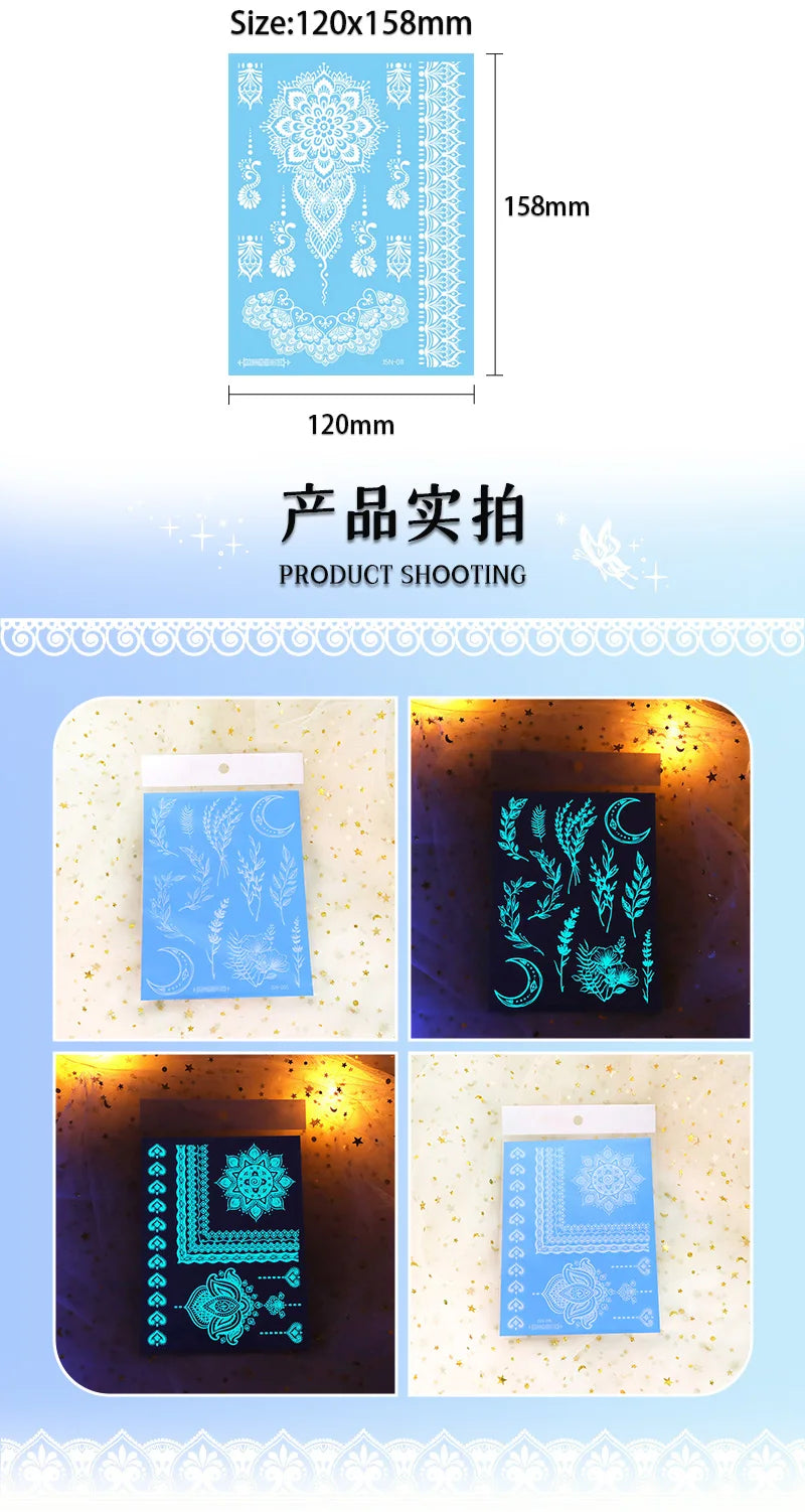 Sexy Tribal Lace Lotus Glow In The Dark Fake Tattoo,Blue Luminous Mandala Flower Temporary Henna Tattoos For Women Girls Hands