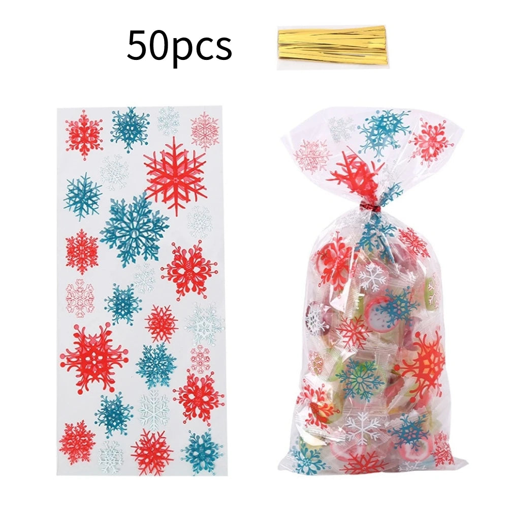 50pcs Christmas Transparent Plastic Gift Bag Candy Biscuit Cookie Snacks Baking Bag New Year Merry Christmas Party Decoration