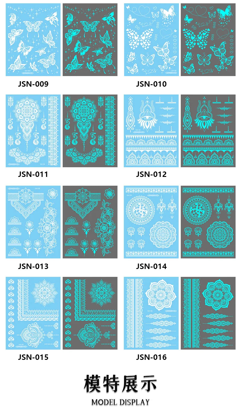 Sexy Tribal Lace Lotus Glow In The Dark Fake Tattoo,Blue Luminous Mandala Flower Temporary Henna Tattoos For Women Girls Hands