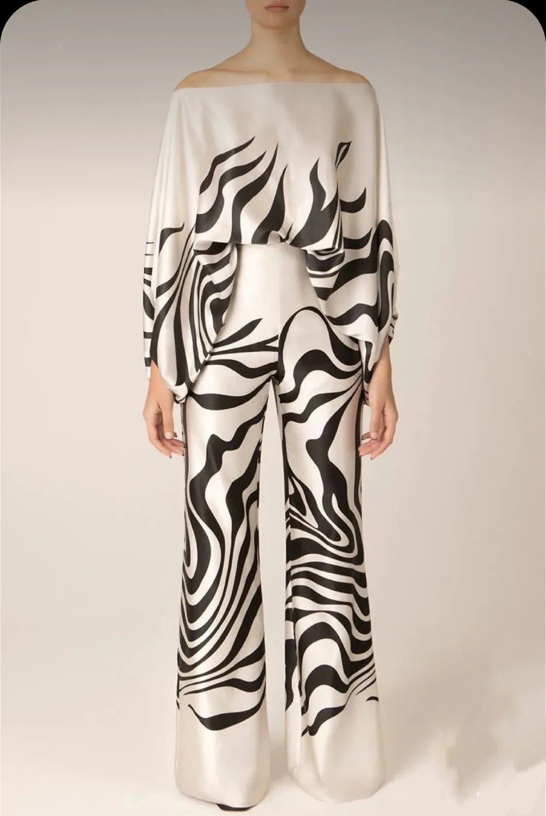 Women Satin Print Pajamas Suit Fashion Hollow Off Shoulder Tops with Long Pants 2 Piece Sets Homewear Commuting Outfits