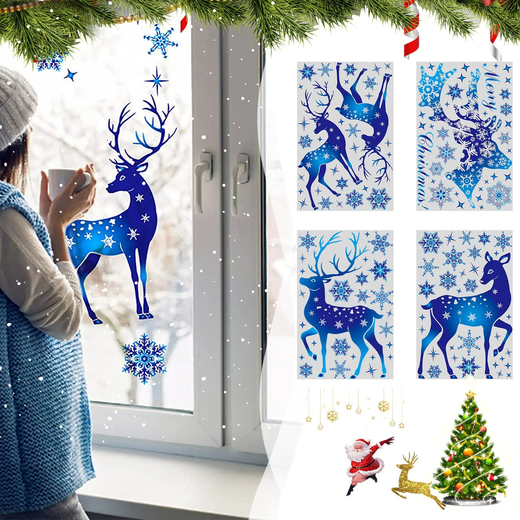 Christmas Window Clings Ornament Snowflake Sticker Glass Window Decoration Sticker Christmas Blue Snowflake Elk Wall Sticker