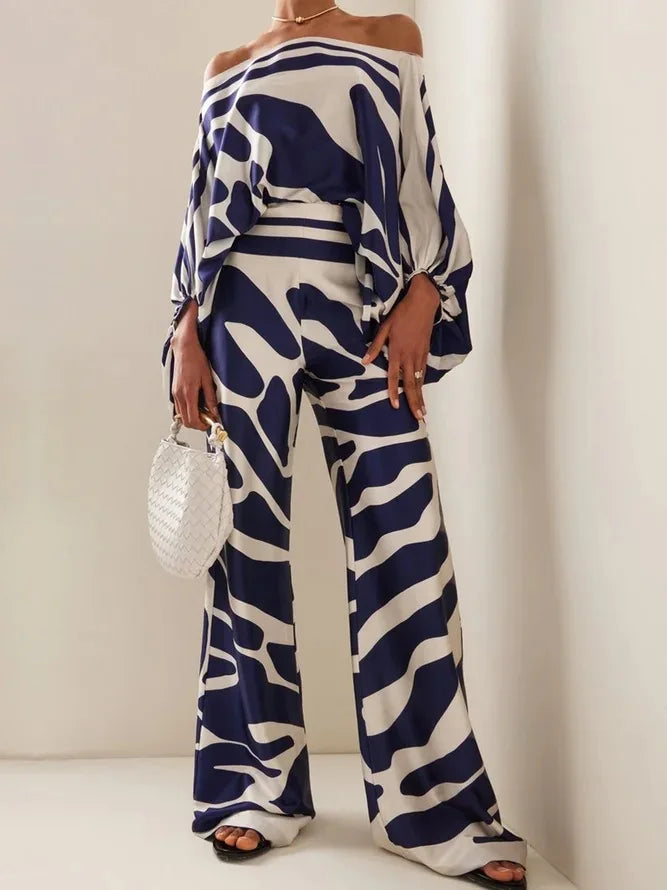 Women Satin Print Pajamas Suit Fashion Hollow Off Shoulder Tops with Long Pants 2 Piece Sets Homewear Commuting Outfits