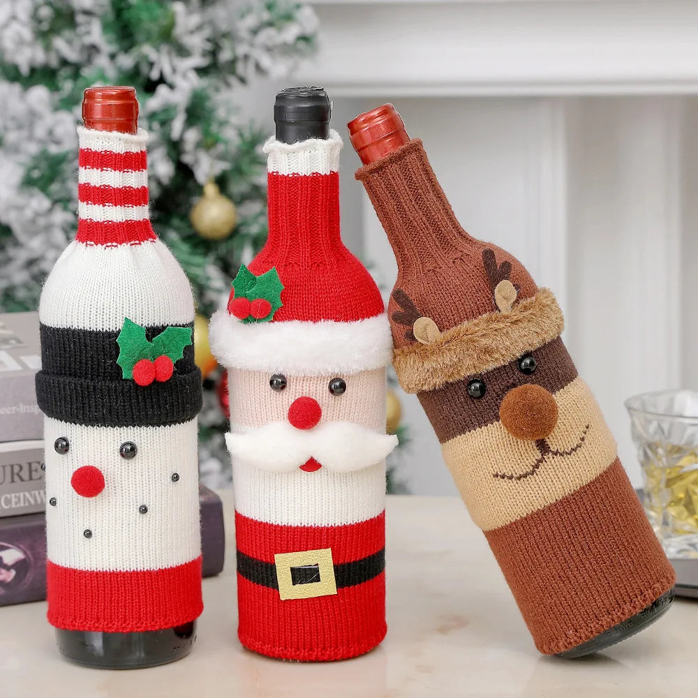 Christmas Wine Bottle Cover Set Santa Snowman Woven Wine Bottle Bags for Christmas Party Dinner Table Decorations New Year Gifts
