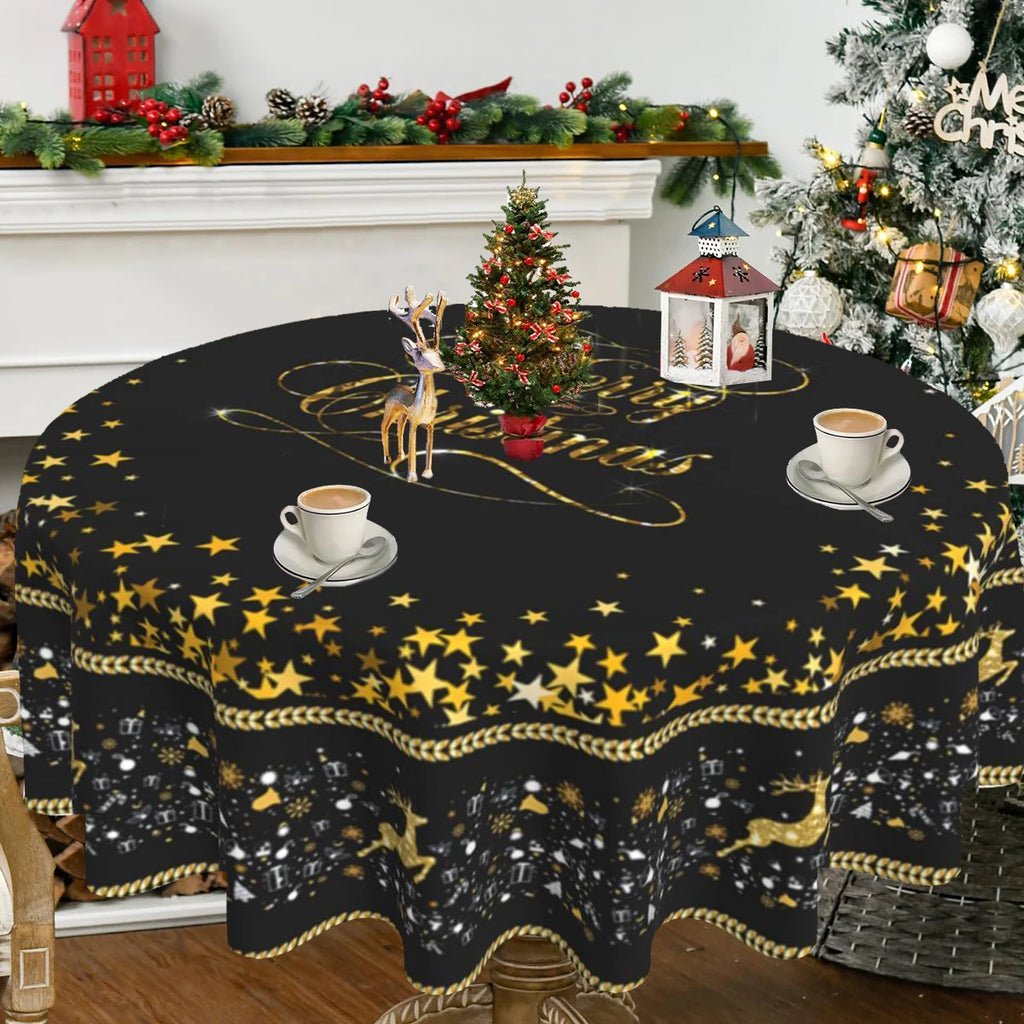 Christmas Tablecloth Black Merry Christmas Round Table Cloth Christmas Elk and Presents Table Cover Fabric Home Decoration Gift