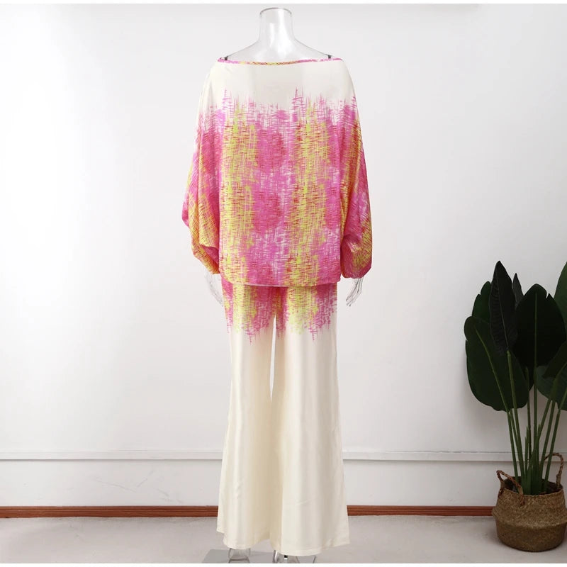 Women Satin Print Pajamas Suit Fashion Hollow Off Shoulder Tops with Long Pants 2 Piece Sets Homewear Commuting Outfits