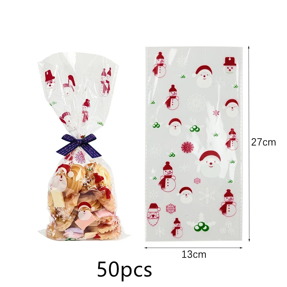 50pcs Christmas Transparent Plastic Gift Bag Candy Biscuit Cookie Snacks Baking Bag New Year Merry Christmas Party Decoration